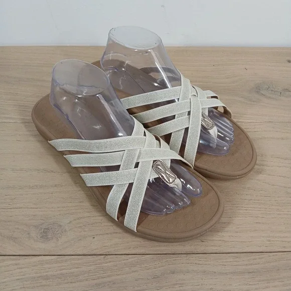 Vionic Sandals Women 11 Beige Leather Strappy Thong Slide Comfort Summer - Picture 3 of 7